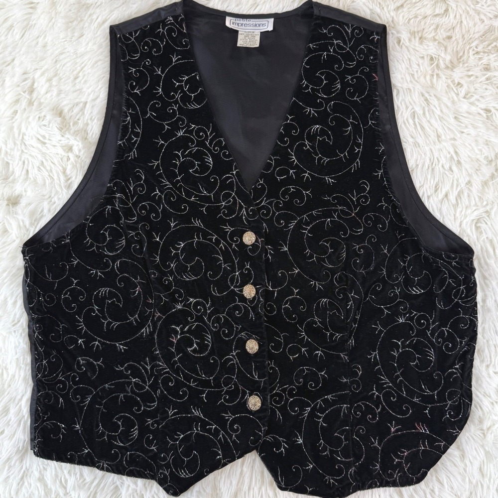 Vintage Petite Impressions Velvet‎ Vest Medium Black Silver Swirls Gold Buttons